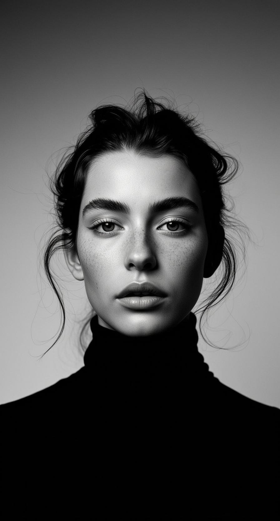 Vertical Photorealistic Portrait Young Woman With Dark Messy Hair Pulled