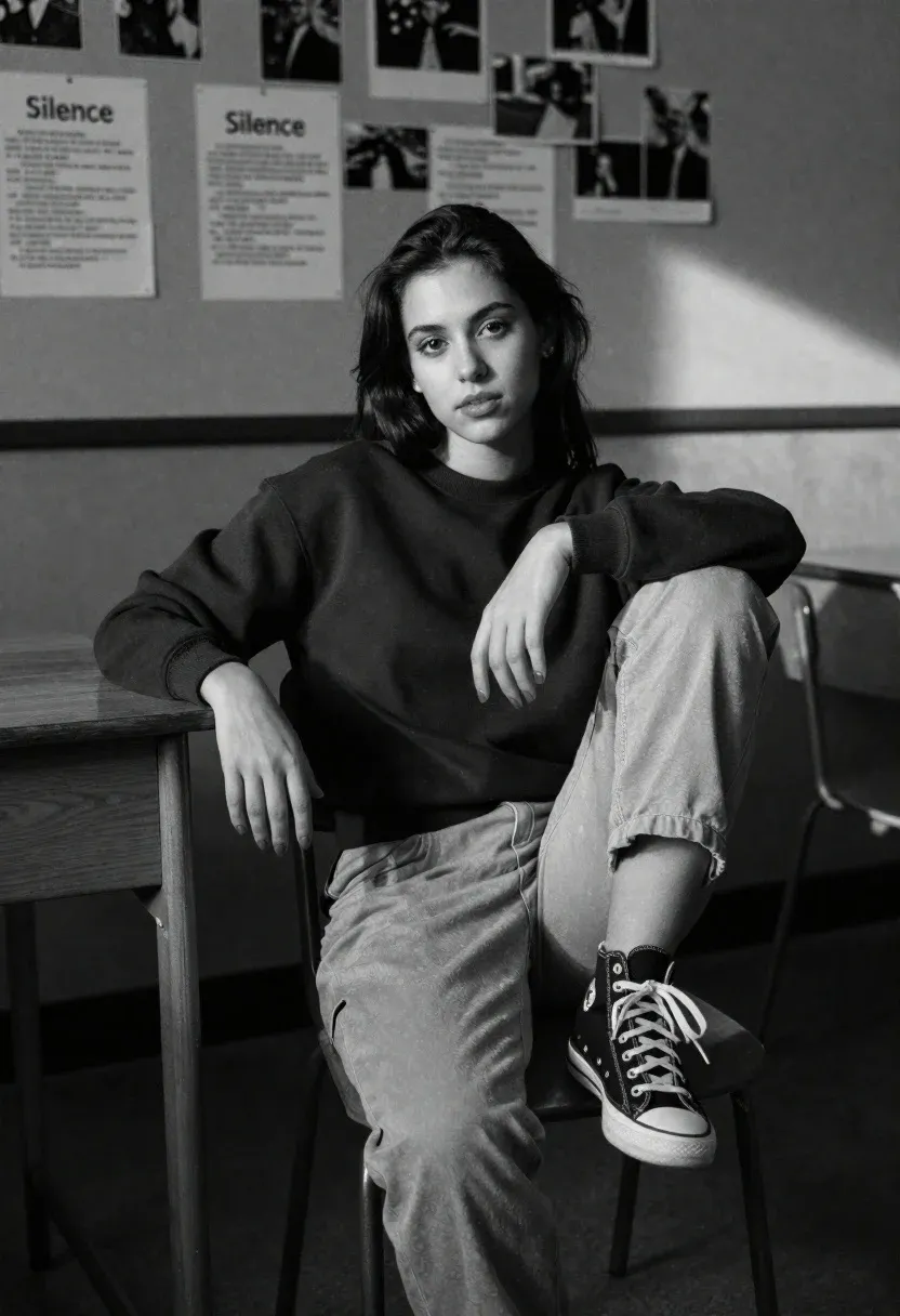 Young Woman With Dark Hair Sits Casually Wooden Chair Inside