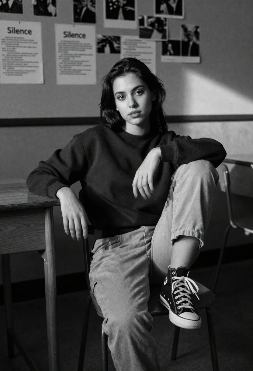 Young Woman With Dark Hair Sits Casually Wooden Chair Inside