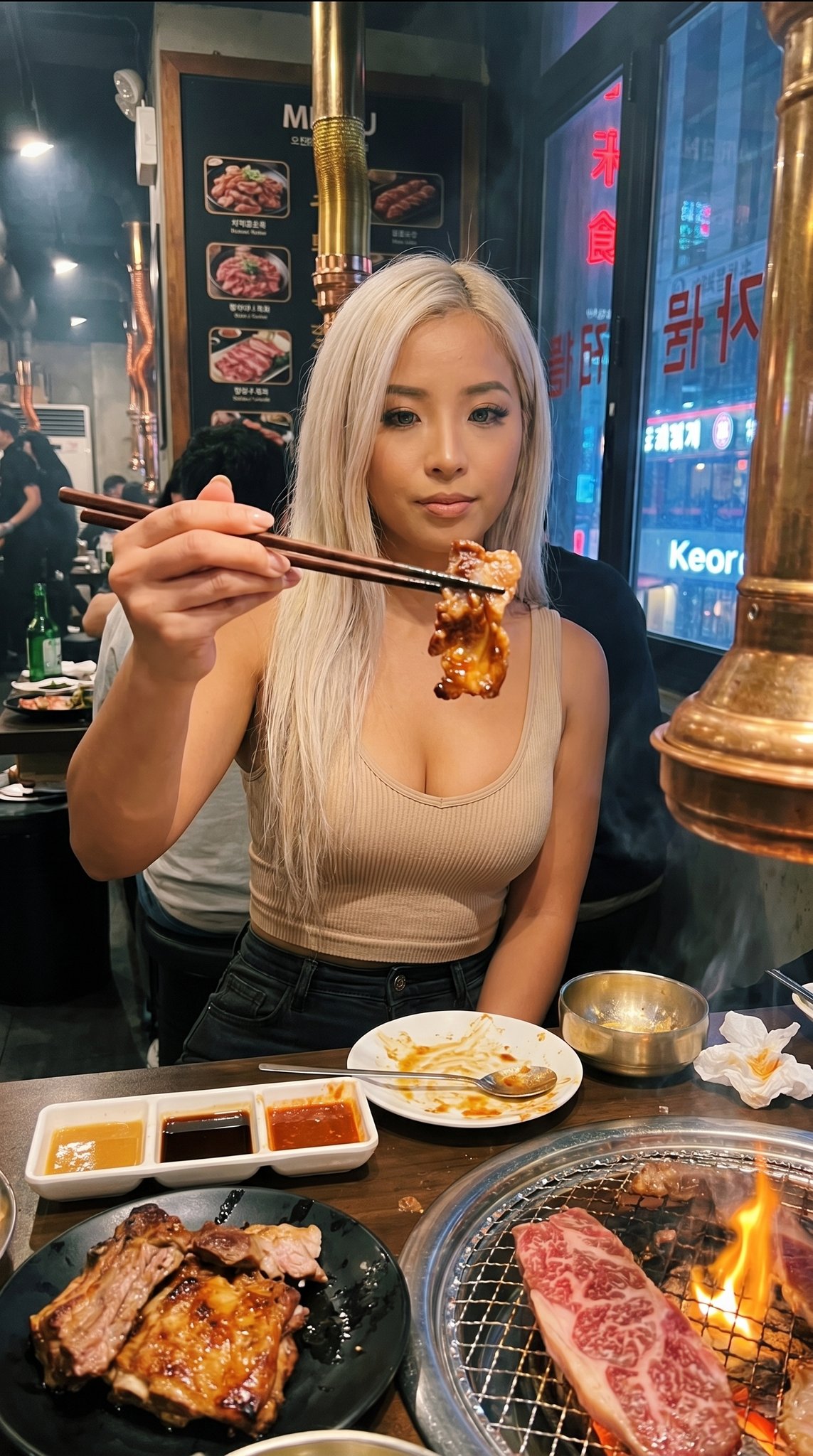 Barbecue Restaurant Woman Eating Grilled Meat Chopsticks