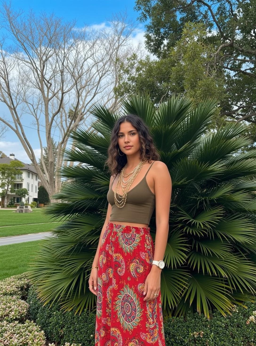 Olive Crop Top Red Paisley Skirt Suburban Street