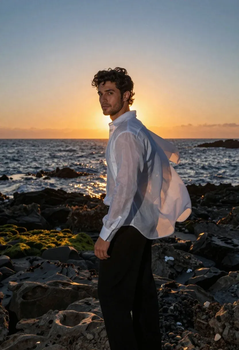 Handsome Man Stands Profile Against Dramatic Sunset Over The Ocean