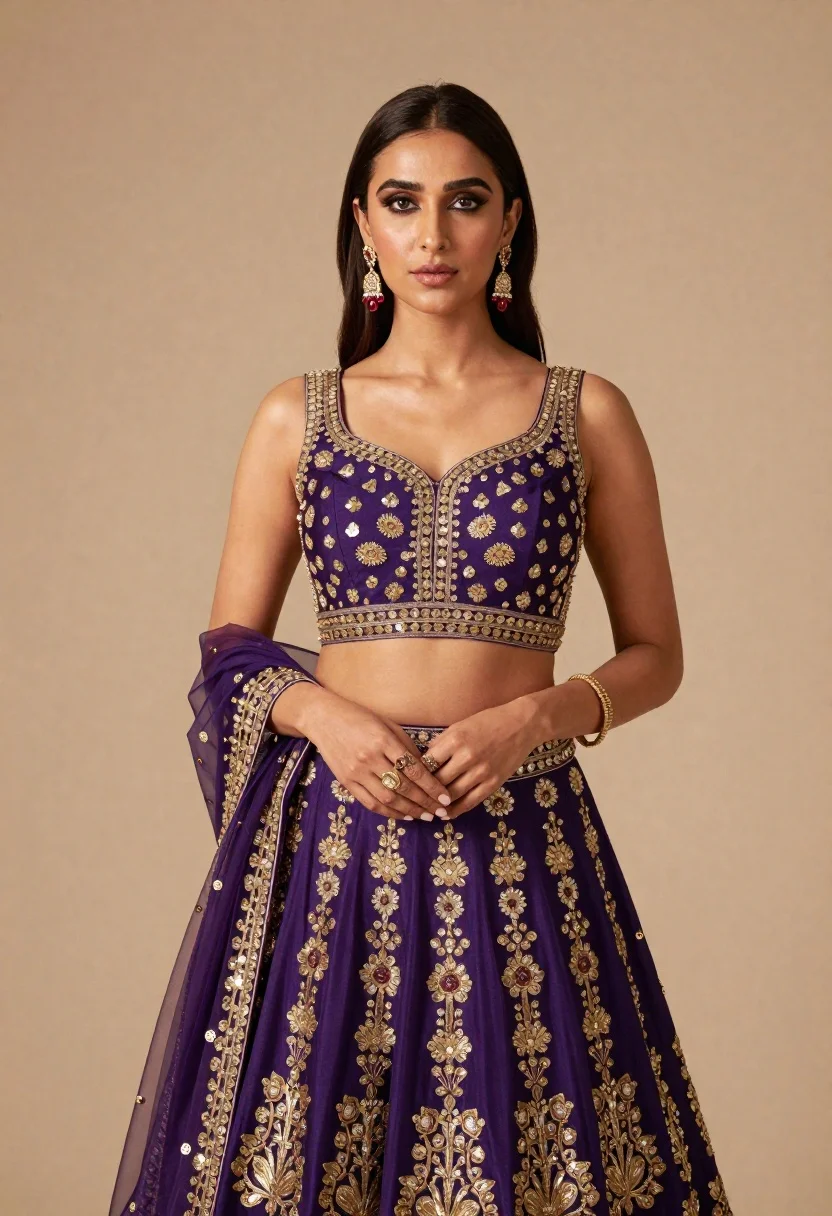 Poised Woman Stands Against Plain Beige Background Wearing Ornate Purple reference photo
