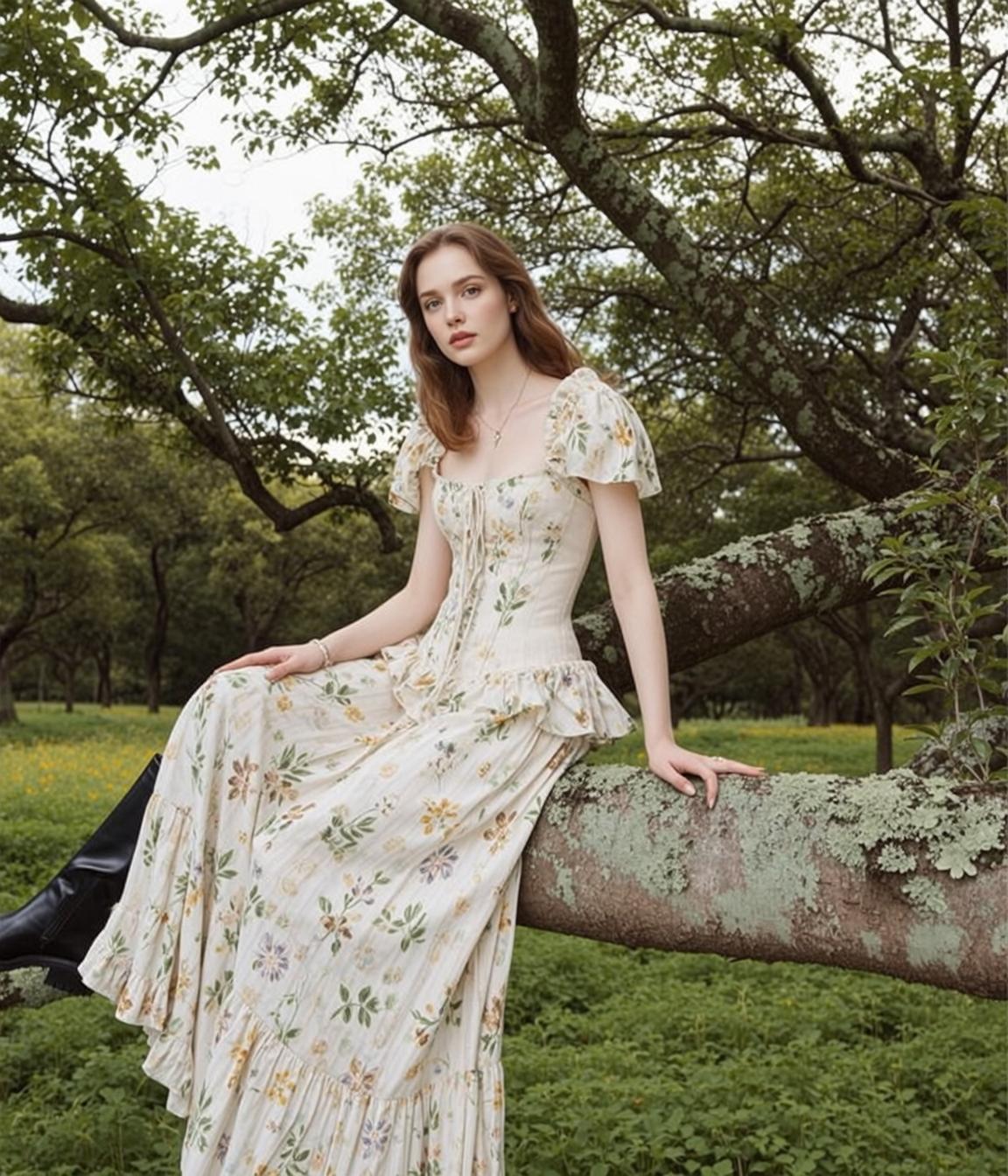 Floral Skirt Tree Branch Pose