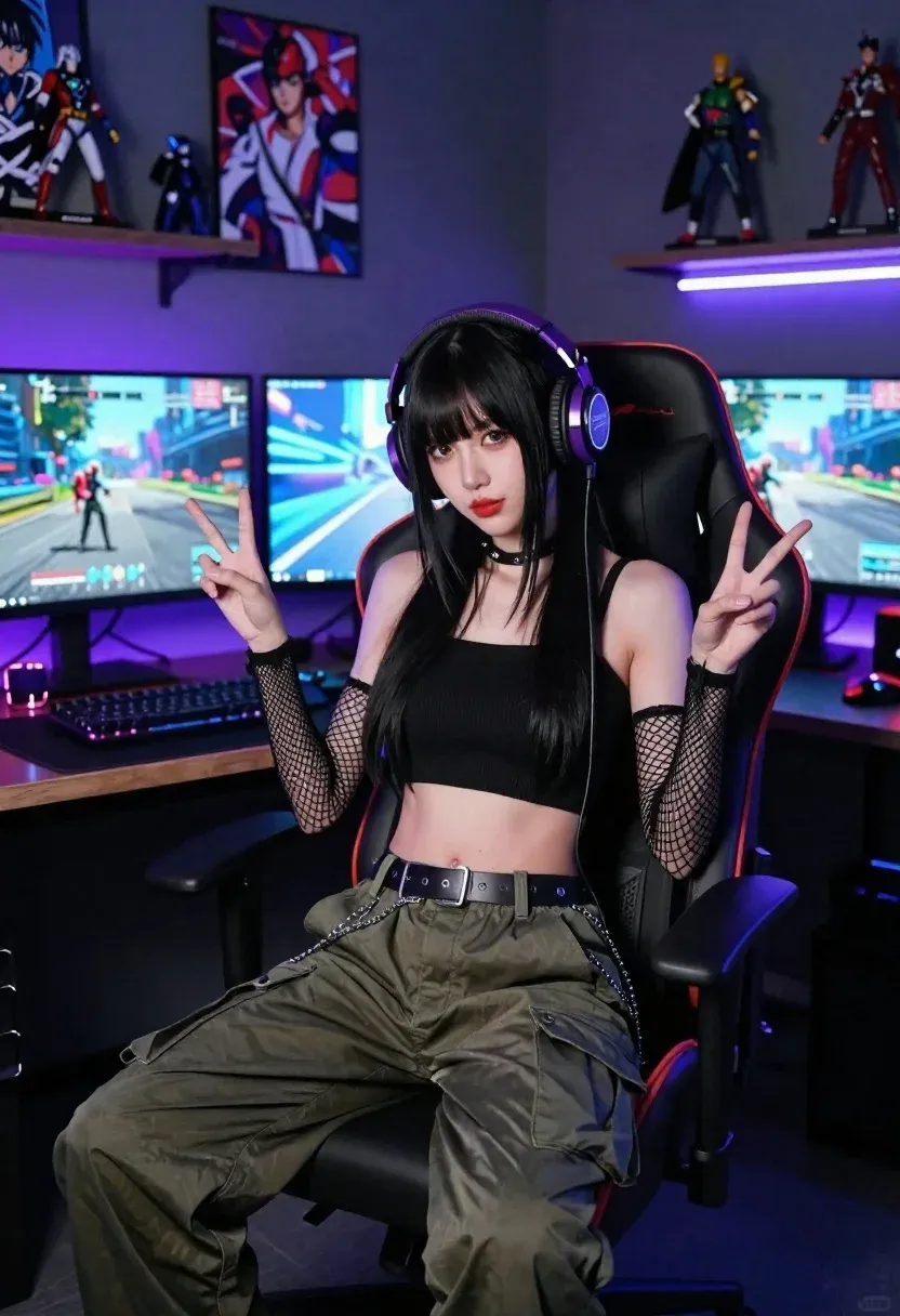 Cyberpunk Gaming Setup Portrait Woman Immersive Room Subject Young East