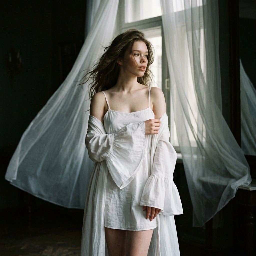 19th Century Estate Girl White Tulle Fluttering Window
