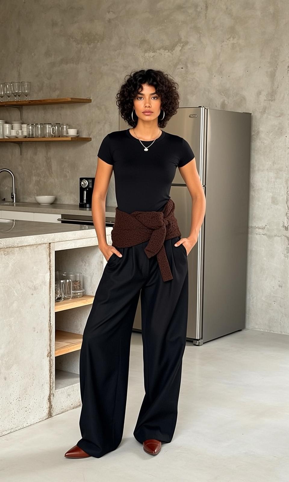 Brown Knitted Sweater Black Short Sleeve Kitchen Concrete Floor Refrigerator