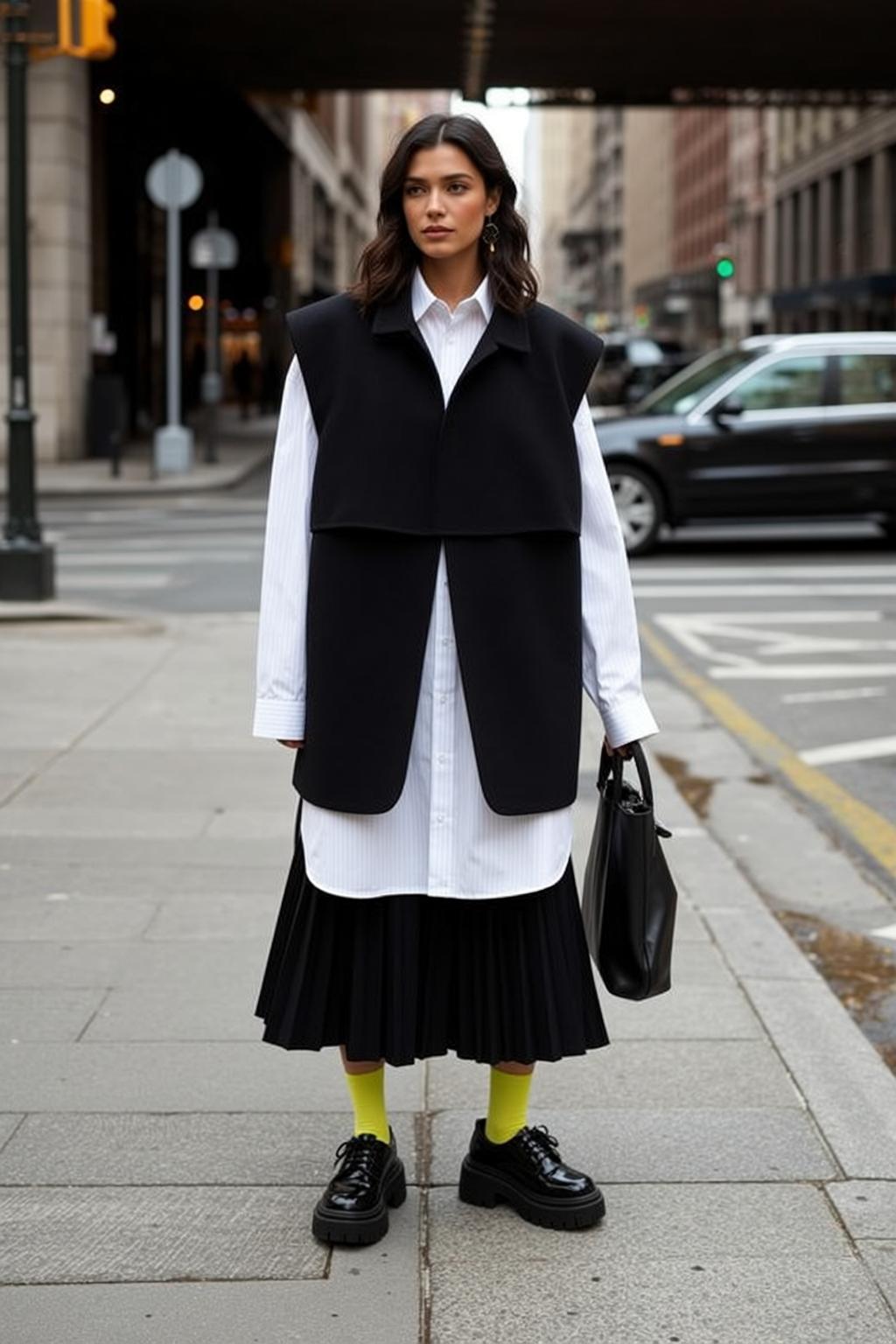 City Street Crosswalk White Shirt Black Skirt Vest