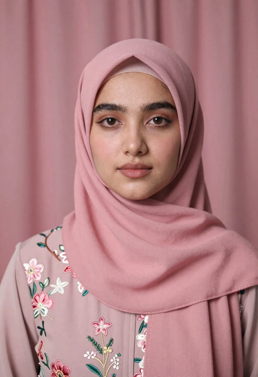 Portrait Young Woman Wearing Pink Hijab Subject Calm And Composed reference photo