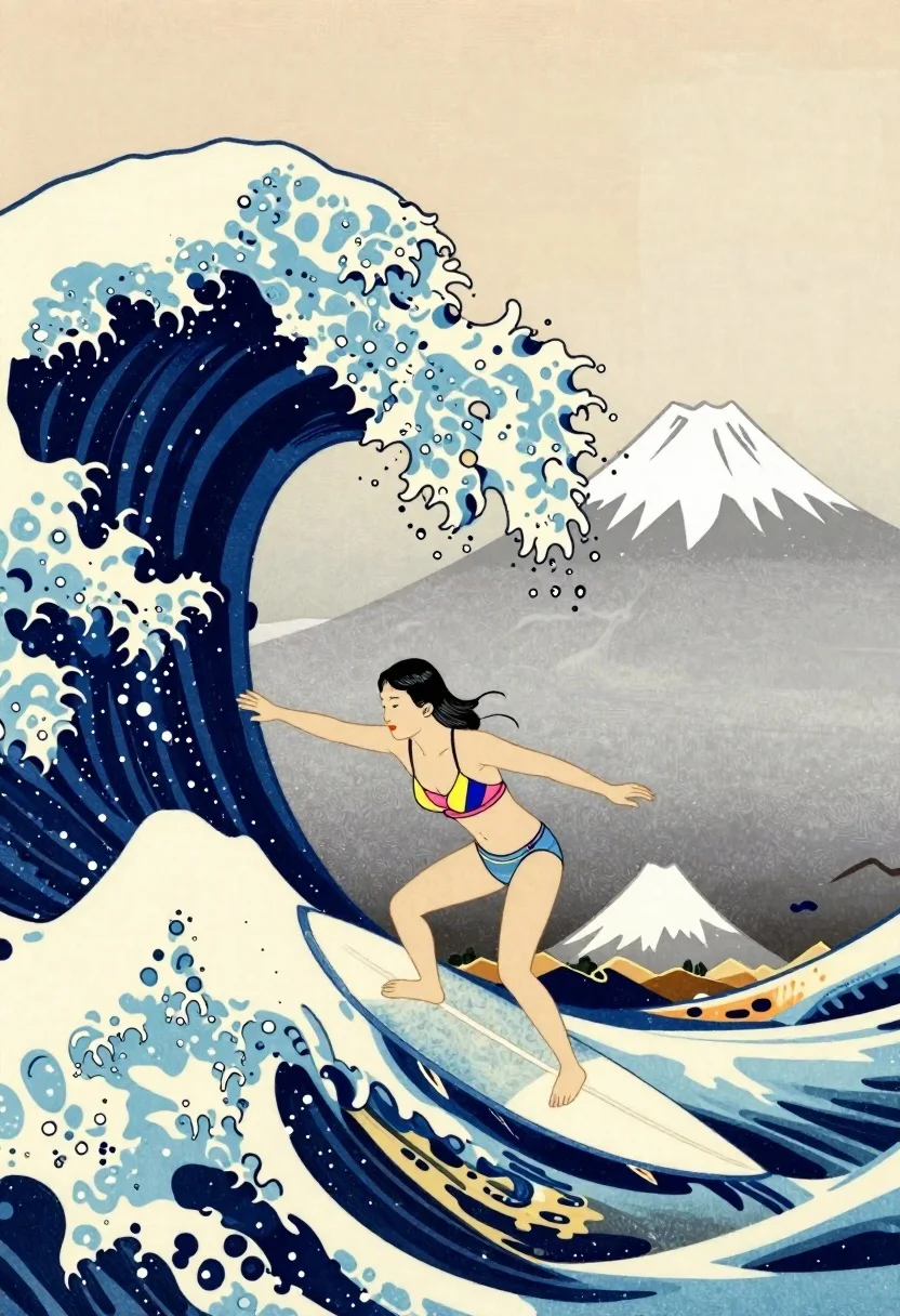Vibrant Digital Illustration Blending Traditional Japanese Woodblock Art With Modern reference photo