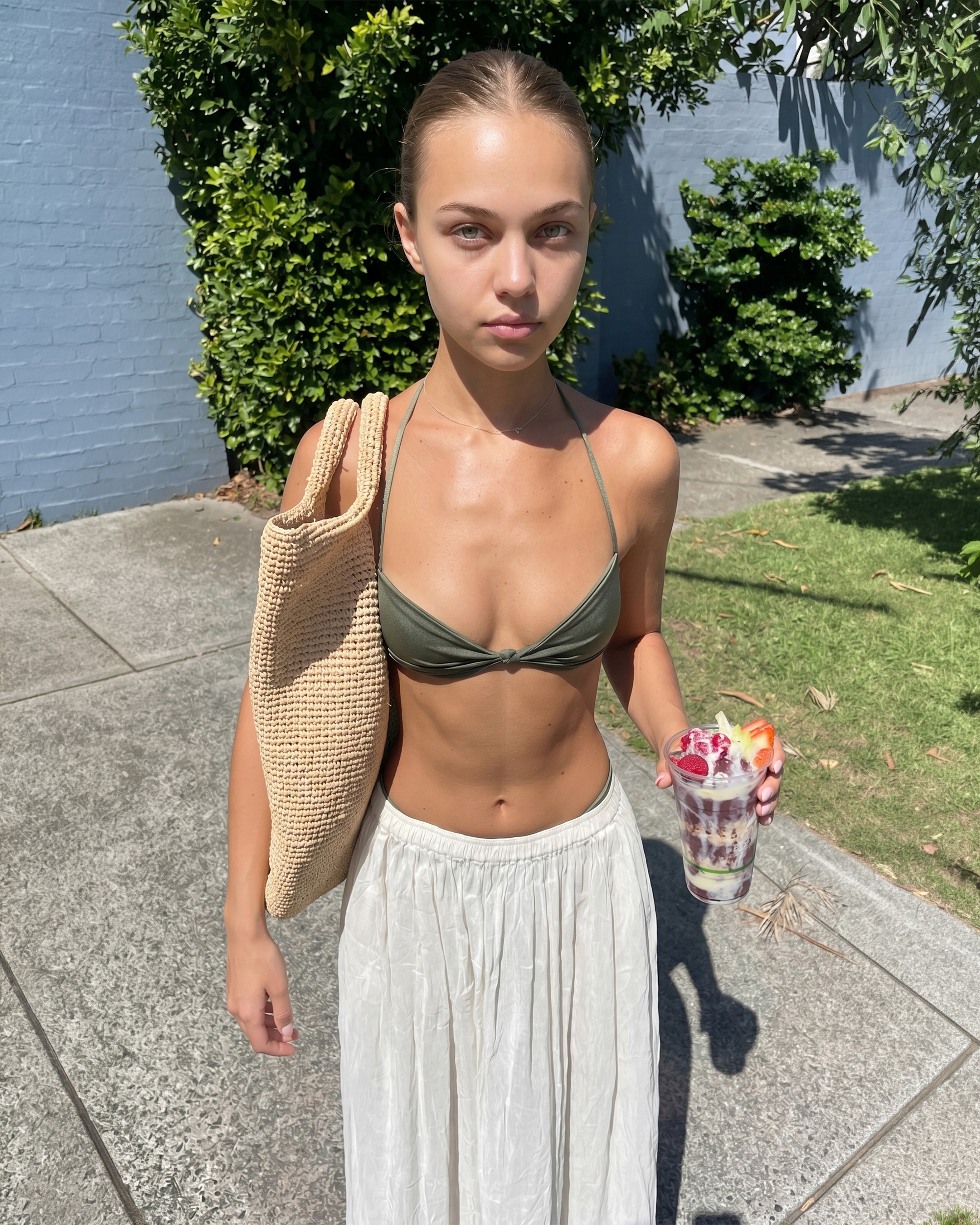 White Skirt Olive Bikini Straw Tote Sunny Day