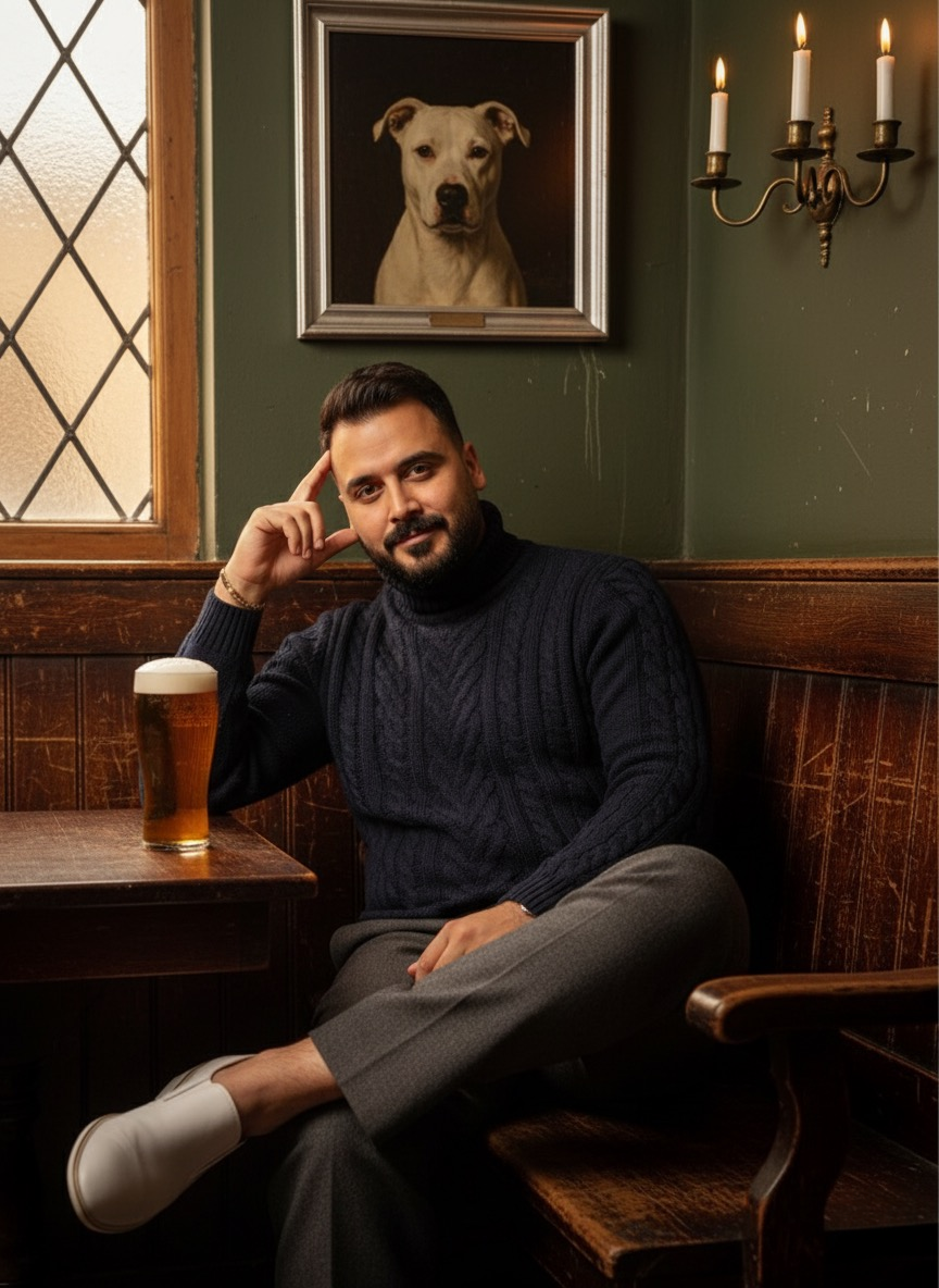 A man seated in a traditional English pub booth with a soft smile, holding a pint glass.