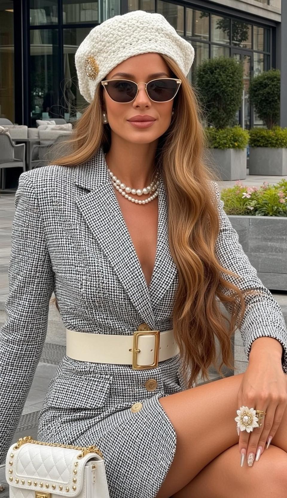 Blonde Woman Outdoor Cafe Houndstooth Dress Pearl Jewelry