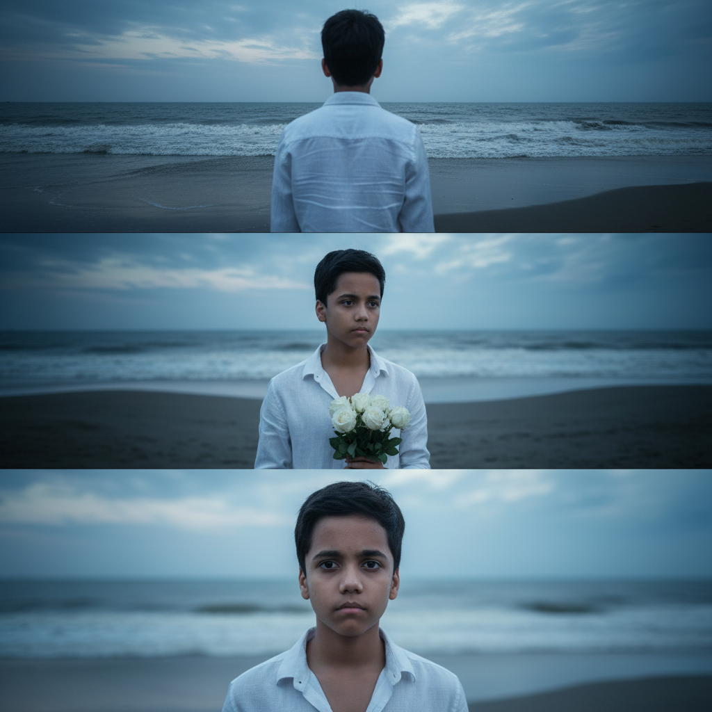 A handsome young man in a white linen shirt standing on a beach at dusk, gazing out at the sea, creating a cinematic mood.