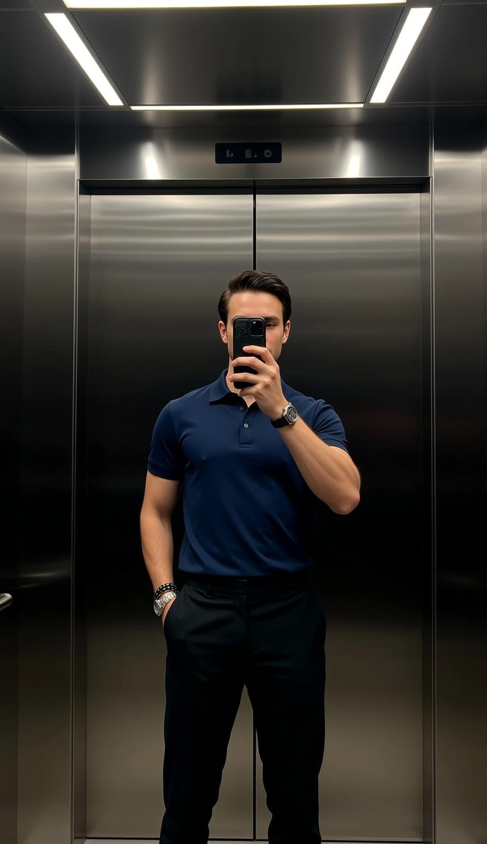 Dark Brown Slicked Back Fair Blue Polo
