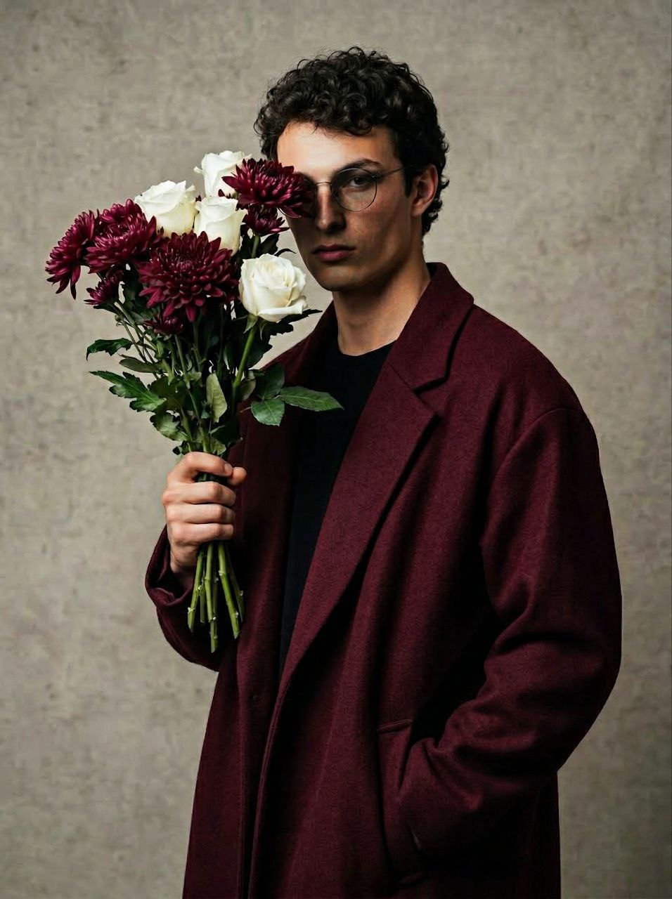 Elegant male portrait in a burgundy overcoat holding flowers, against neutral backdrop.