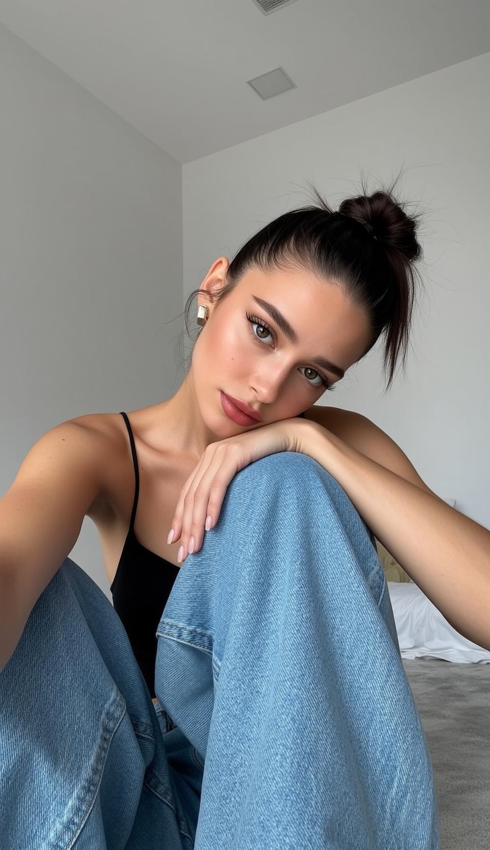 Bedroom Girl Messy Bun Gold Earrings Casual