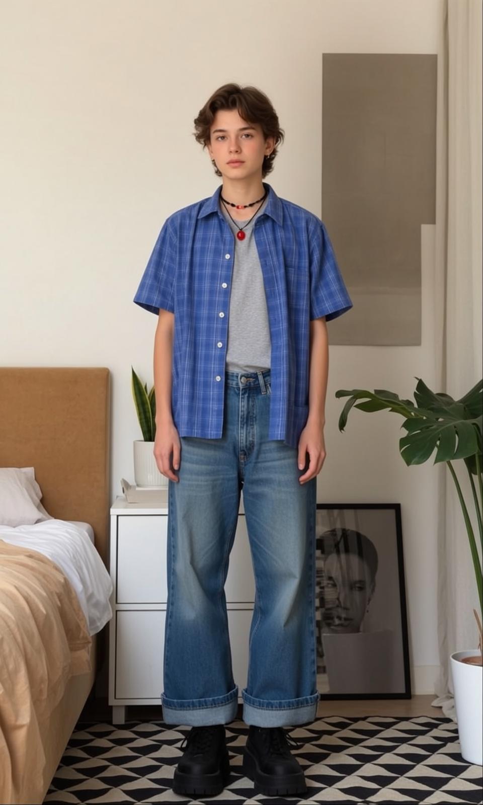 Plaid Shirt and Cuffed Jeans Bedroom