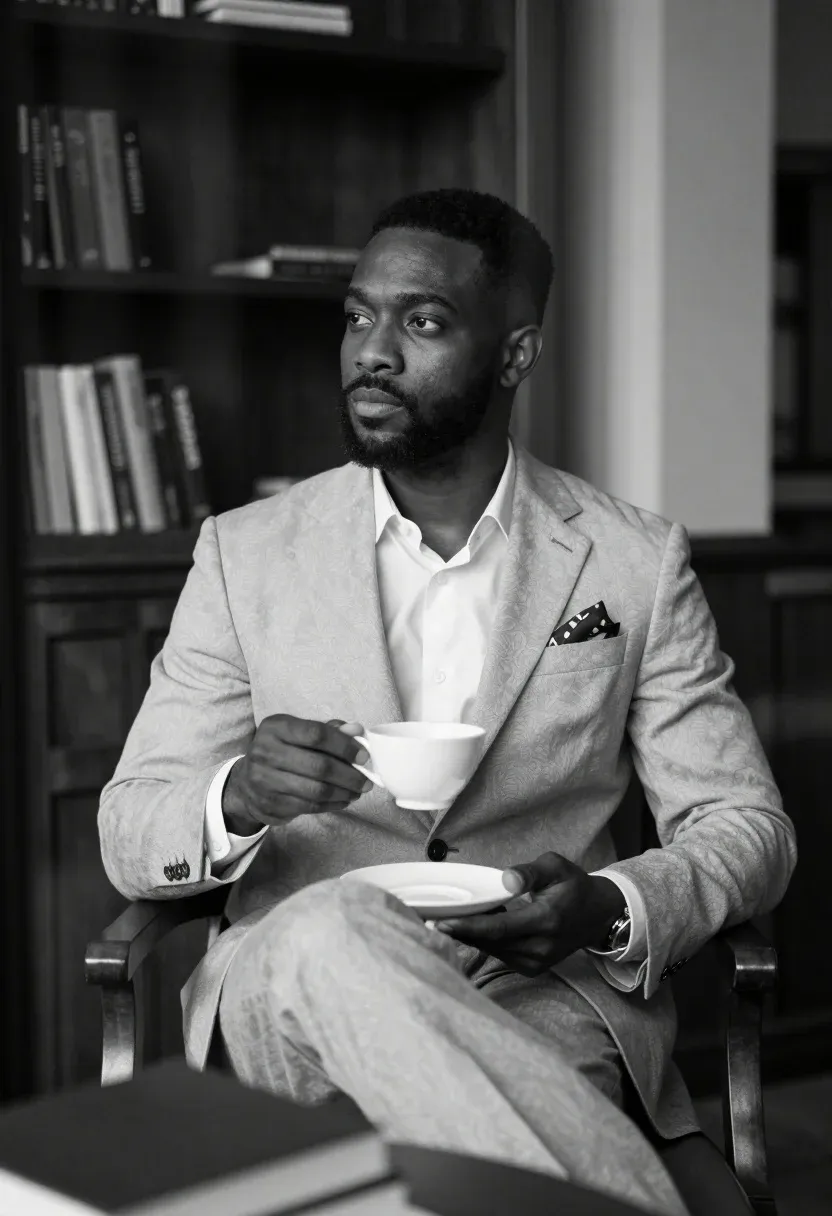 Contemplative Man Light-colored Suit Sits Holding Teacup And Saucer While
