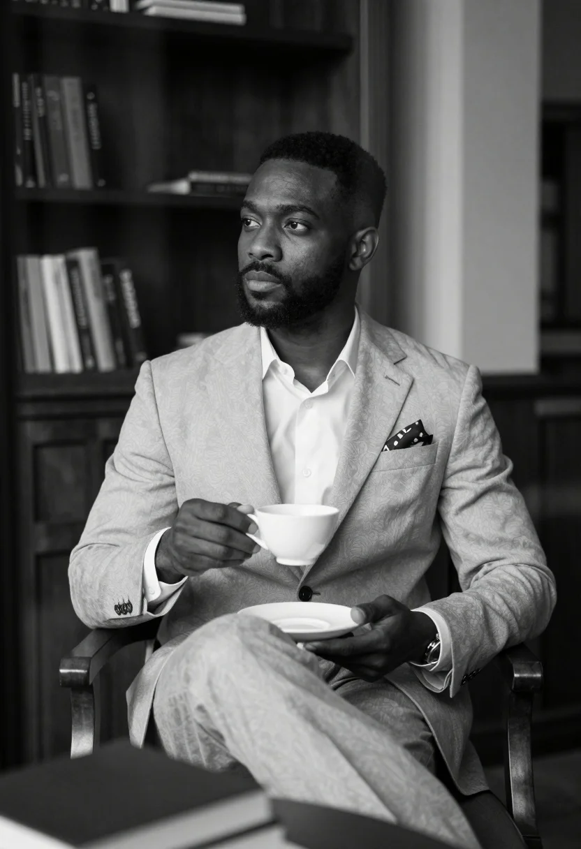 Contemplative Man Light-colored Suit Sits Holding Teacup And Saucer While