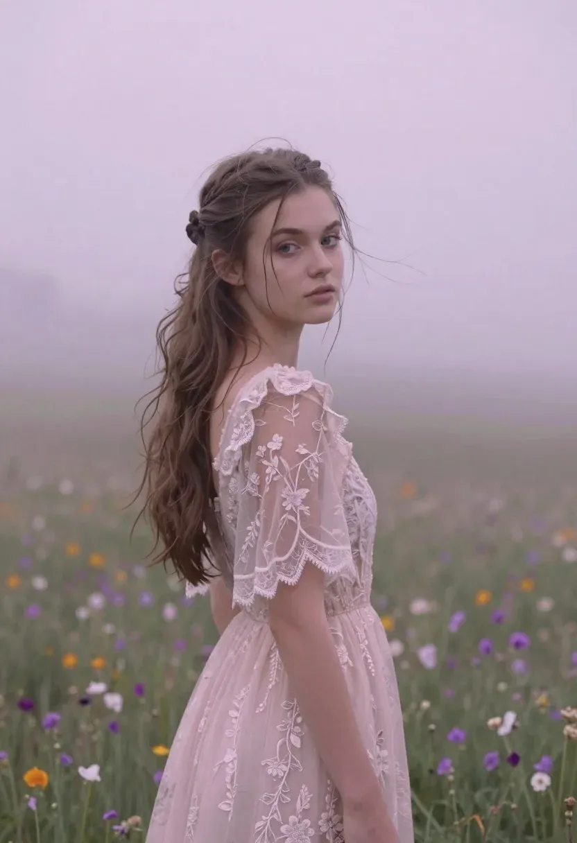 Young Woman With Long Brown Hair Tied Messy Half-updo Stands