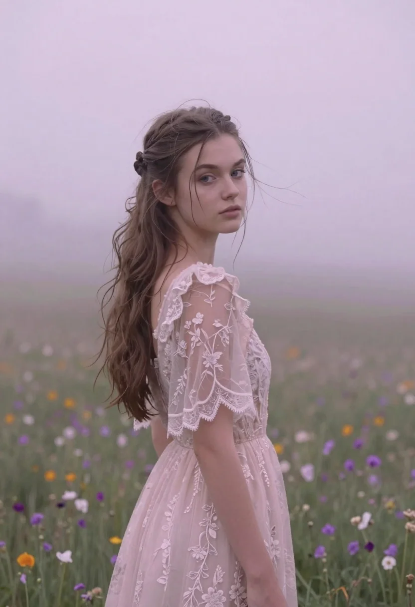 Young Woman With Long Brown Hair Tied Messy Half-updo Stands