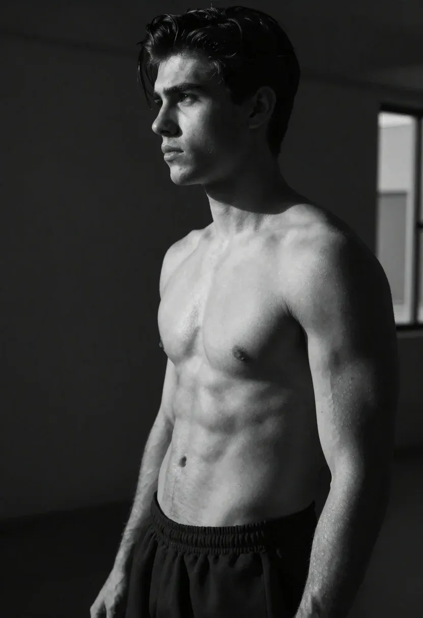 Black And White Studio Portrait Shirtless Young Man With Defined