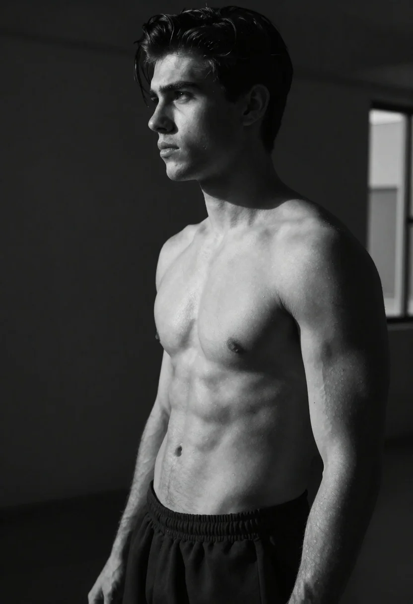 Black And White Studio Portrait Shirtless Young Man With Defined reference photo