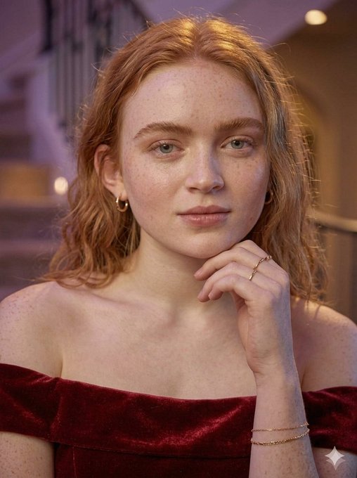 Close-up portrait of a woman in a burgundy velvet top with warm lighting, looking at the camera, softly blurred staircase background.