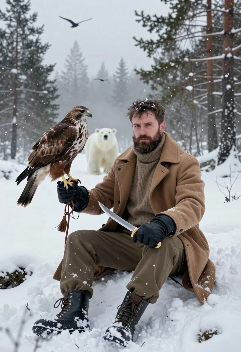 Man With Beard Sits The Snow Holding Hawk His Gloved