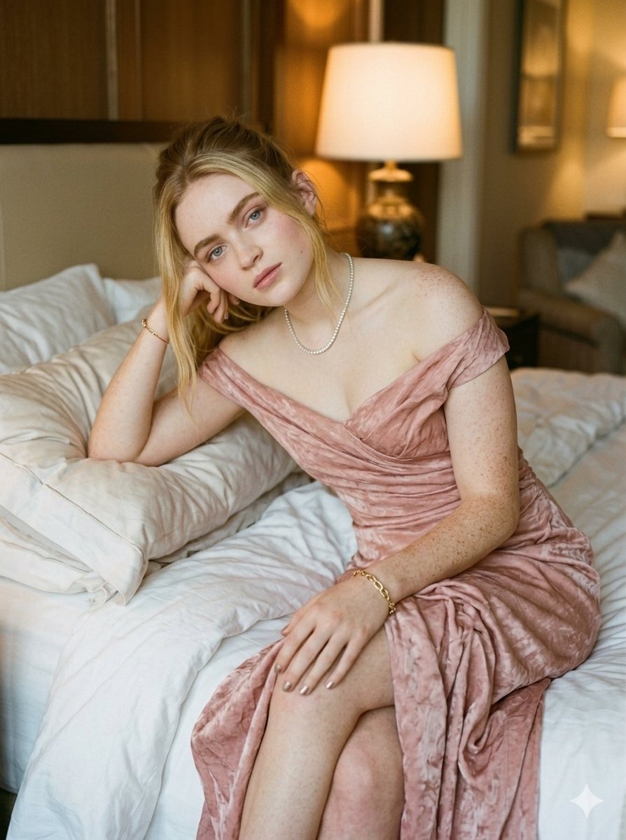 Dusty Pink Velvet Gown Hotel Room Soft Lighting