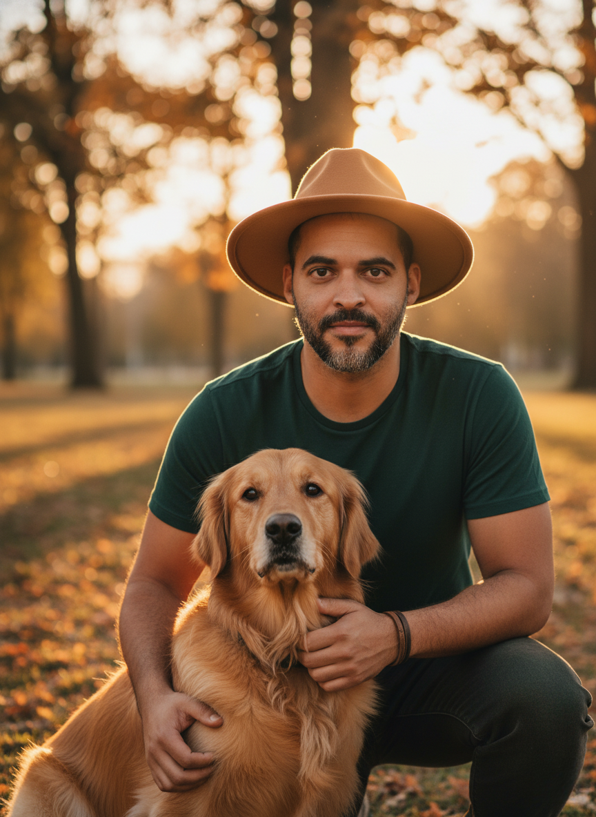Retrato de um homem sentado em um parque acariciando um golden retriever durante o pôr do sol.