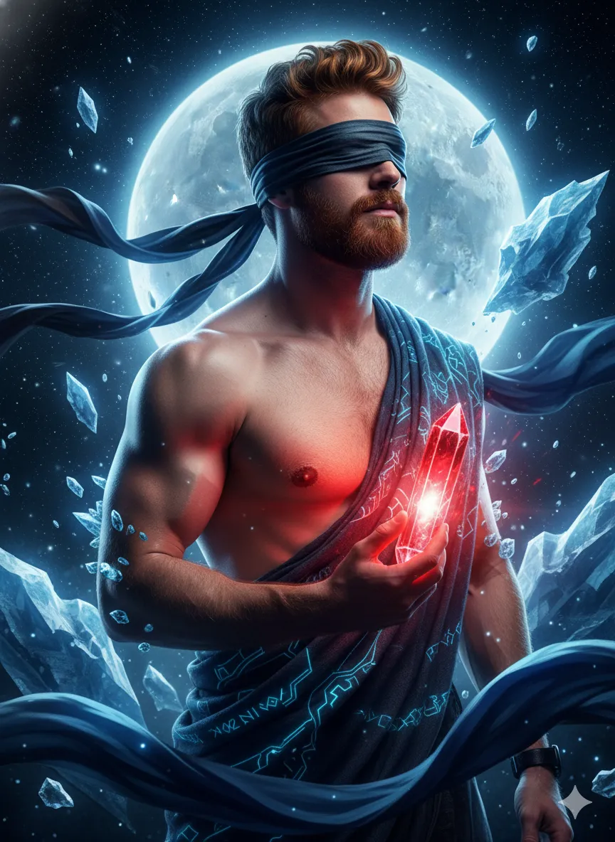 Blindfolded Man Holding A Red Crystal
