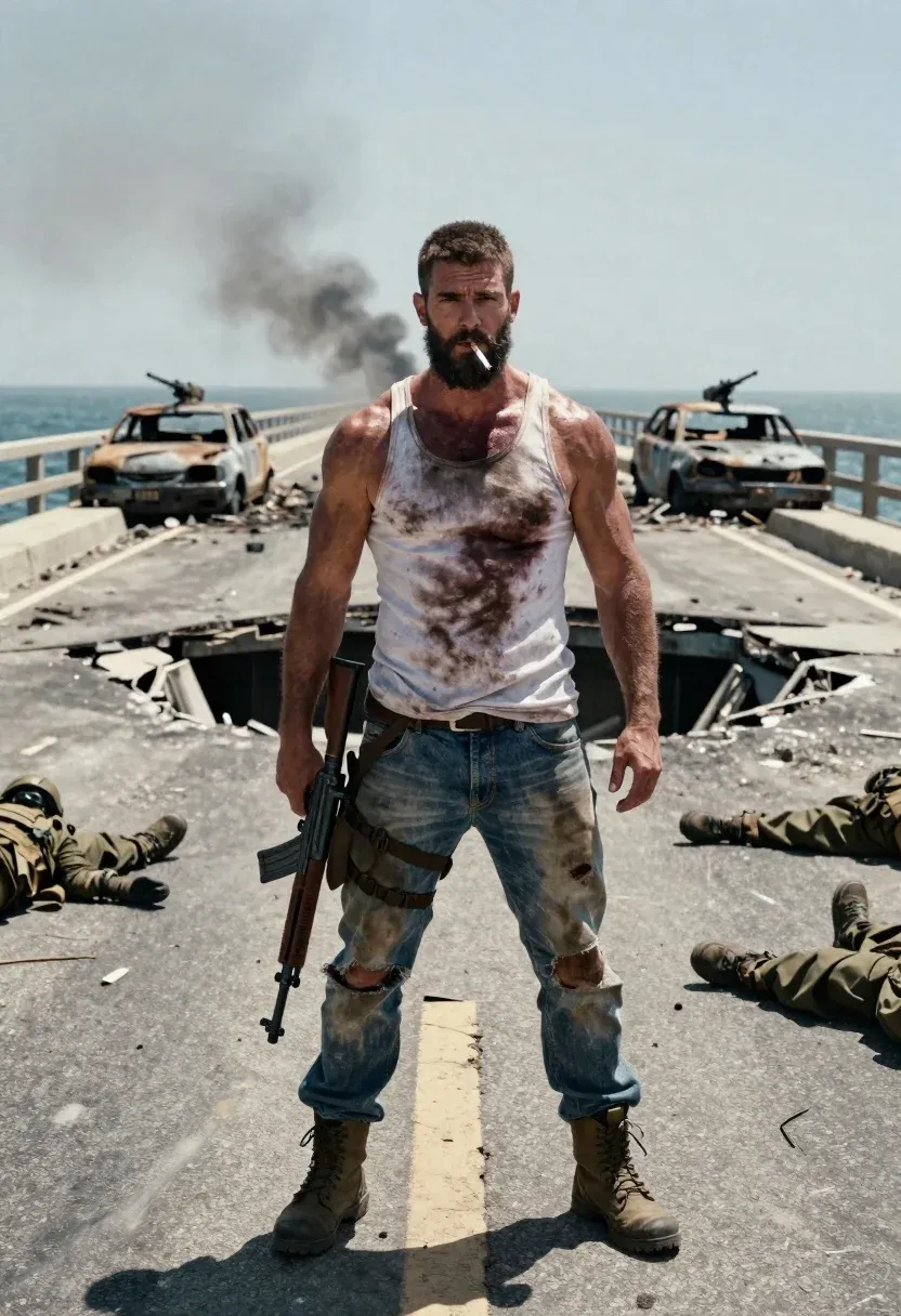 Muscular Man With Beard And Cigarette Stands The Center War-torn