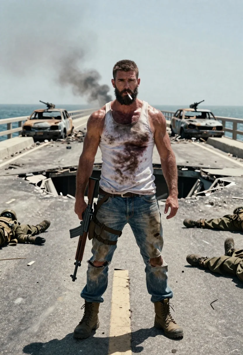 Muscular Man With Beard And Cigarette Stands The Center War-torn