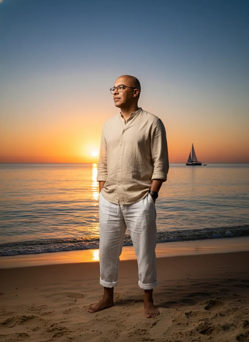 Man On Beach At Sunset