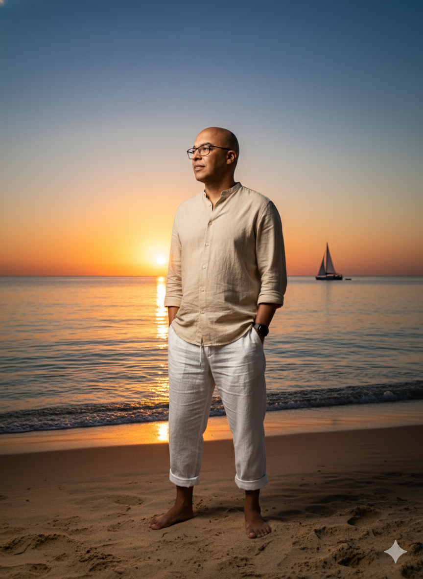 A serene person standing on the beach at sunset, wearing a beige long-sleeve shirt and white pants, feet touching the sand.
