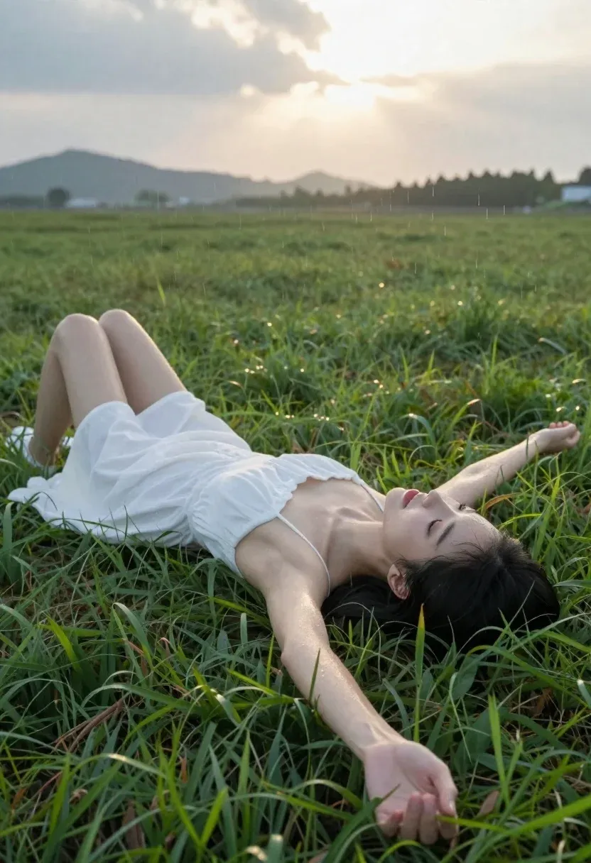 Young Woman With Long Dark Hair Lies Relaxed Her Back
