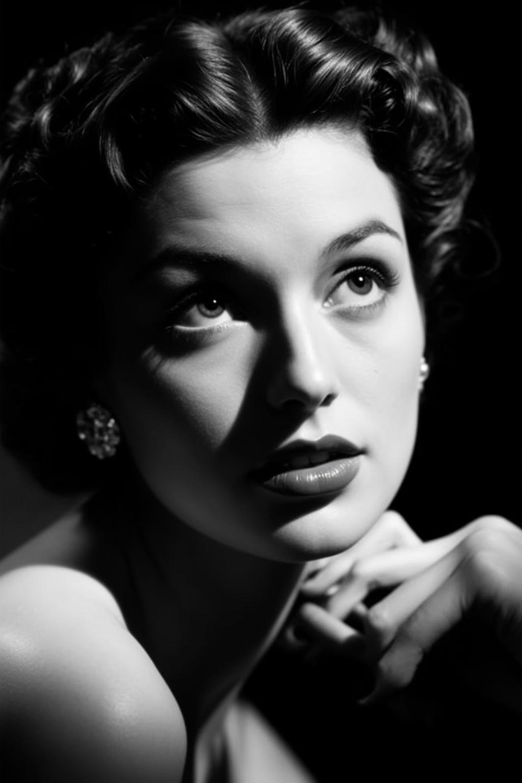 Photorealistic Black And White Close-up Portrait Young Woman Looking Upwards reference photo
