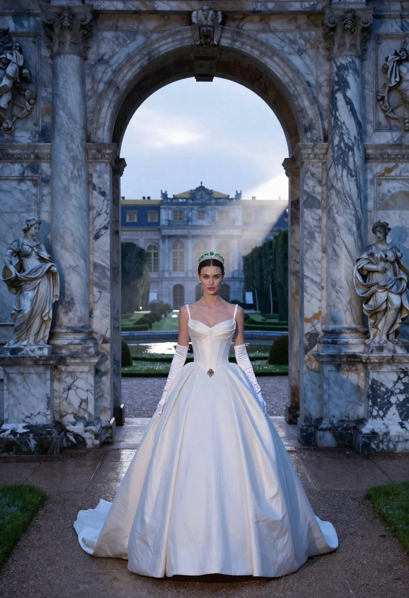 Sophisticated Wedding Photography Portrait Solo Bride Emerging From Grand Marble reference photo