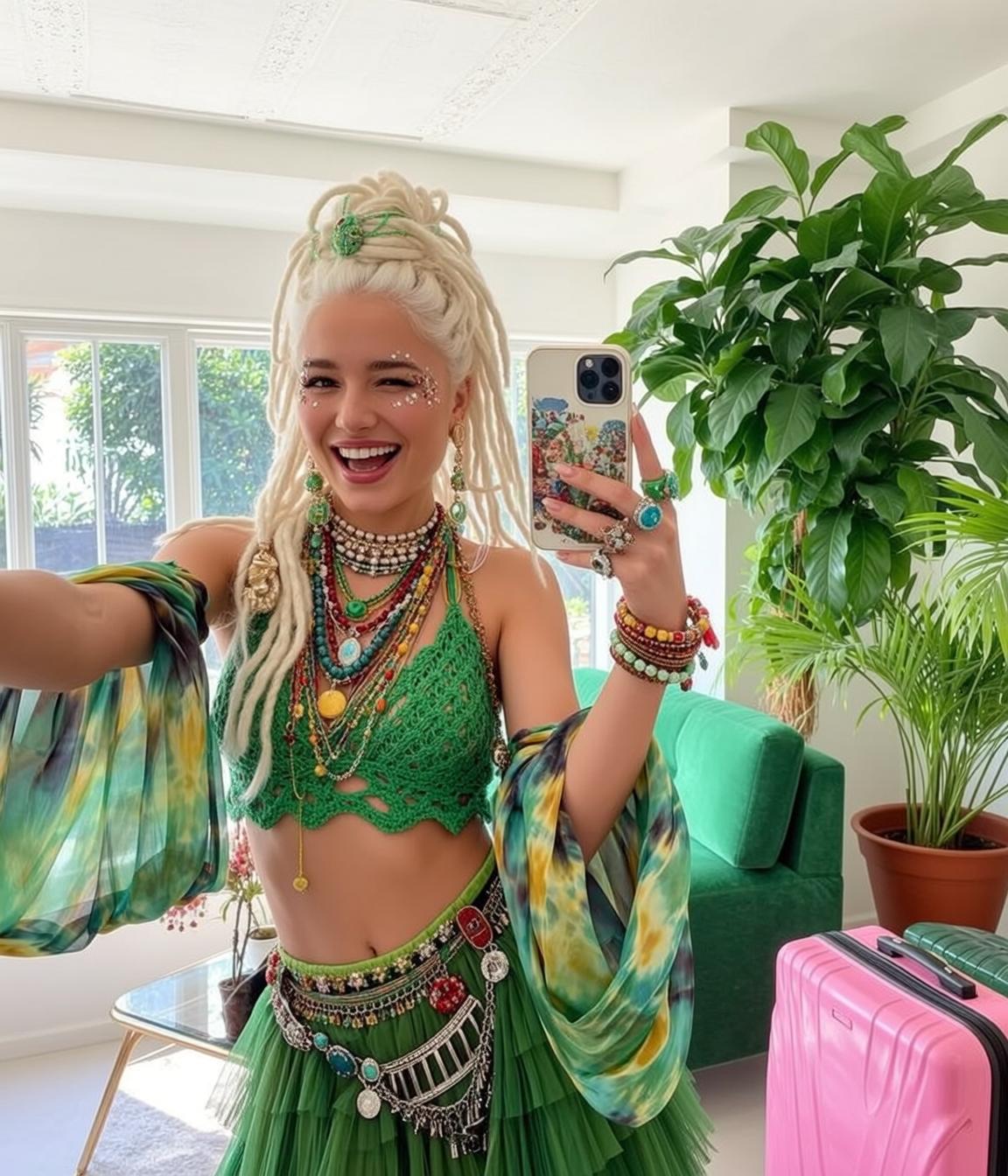 Blonde Dreadlocks Selfie Bright Window Light Teal Eyes