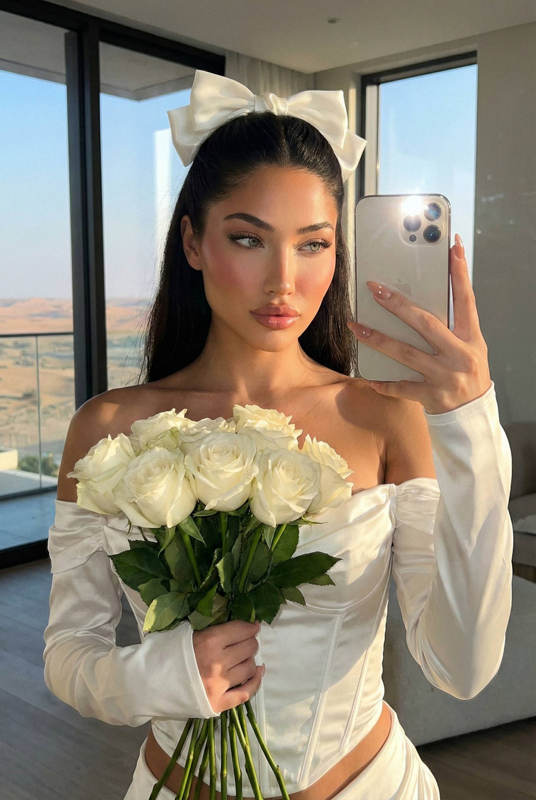 Woman taking a mirror selfie in a minimalist apartment during golden hour, holding fresh roses, warm sunlight illuminating her features.