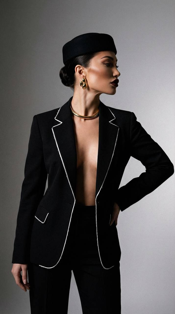 A confident woman in a tailored blazer posing in strong directional lighting, showcasing a polished side profile against a grey backdrop.