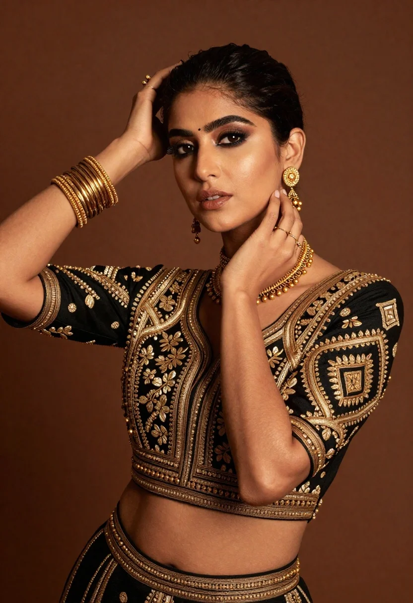Glamorous Woman Posing Studio Setting With Warm Brown Background Subject reference photo