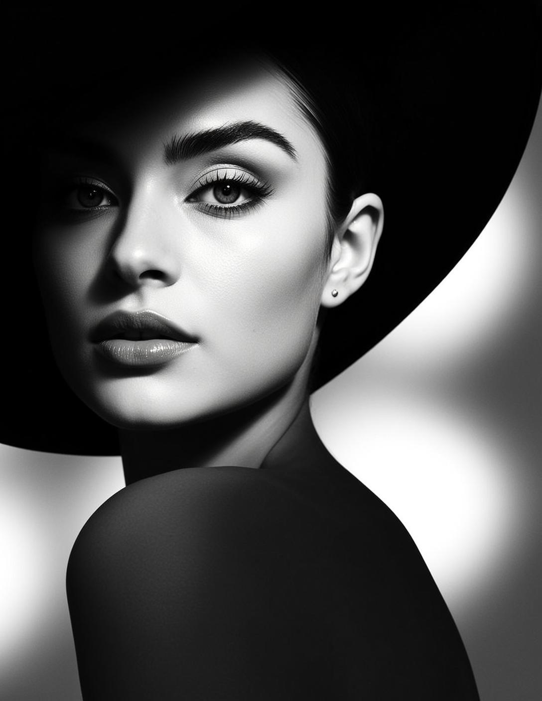 Photorealistic High-contrast Black And White Portrait Young Woman With Dark