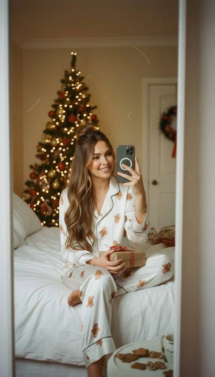 Gingerbread Pajama Mirror Selfie