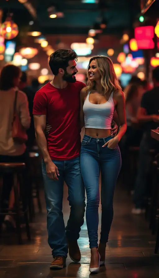A beautiful couple in a local bar, Mike holds Ana's waist, showcasing a lively atmosphere.