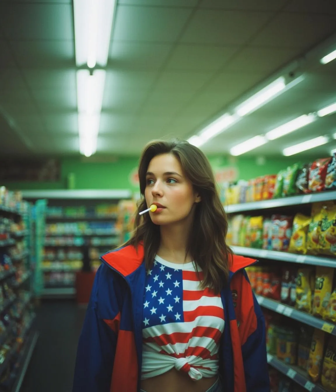 Explore Young Stands Grocery Store Aisle Holding