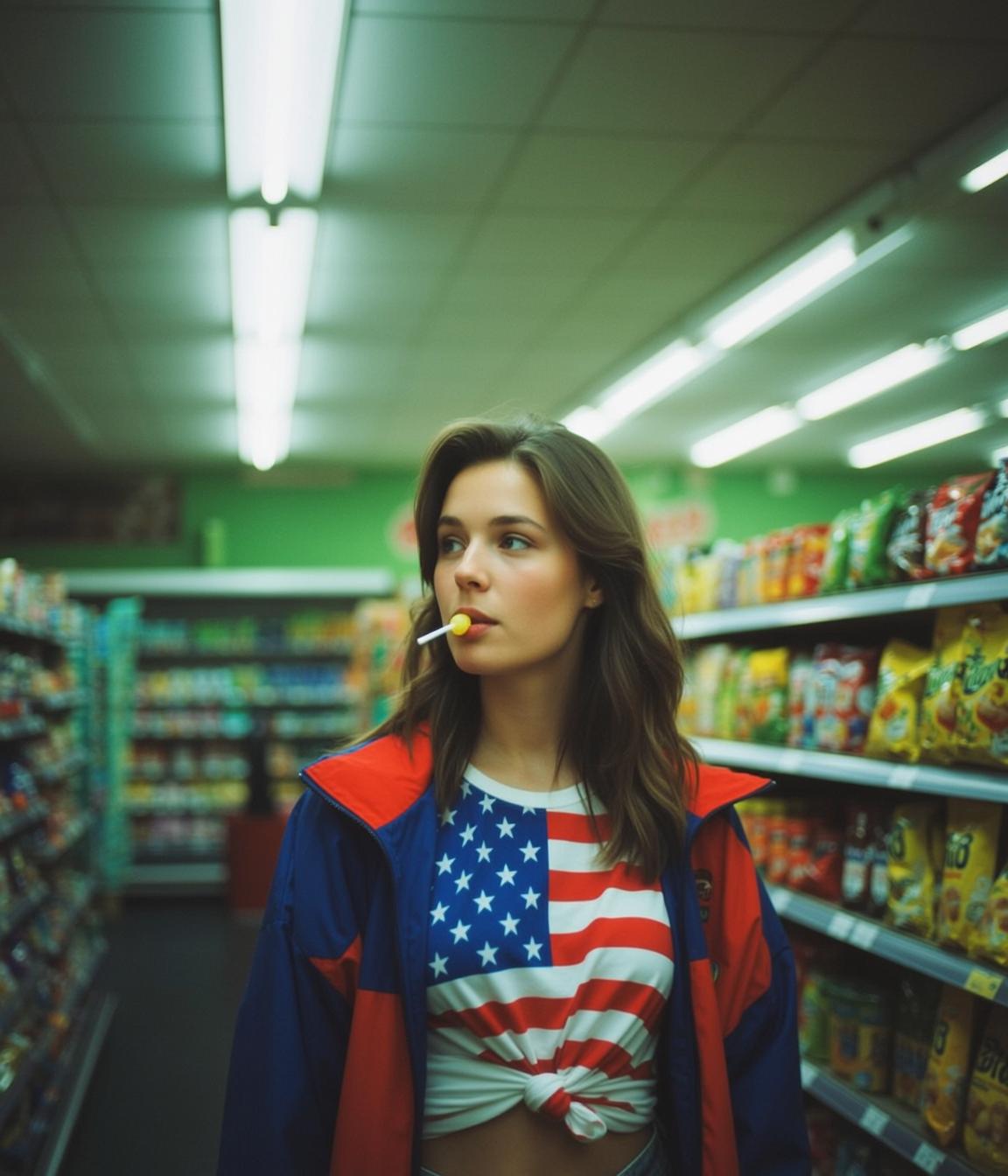 Explore Young Stands Grocery Store Aisle Holding