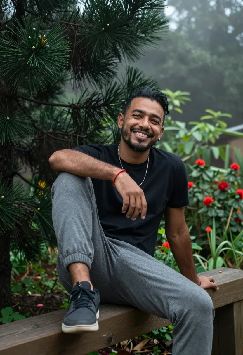Smiling Man Sits Casually Wooden Beam Lush Garden Setting Subject